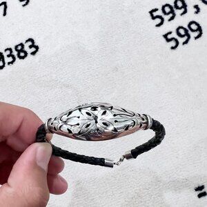 925 Sterling Silver Bali Jeweler on a Round Black Braided Leather Bracelet
